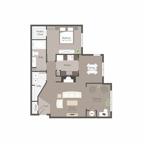 Floor plan for 1 bed, 1 bath, 950 sqft
